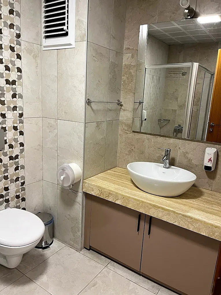 Yenilenen ev banyosu: duşakabin, tezgah üstü lavabo, asma klozet ve mozaik detaylı duvar