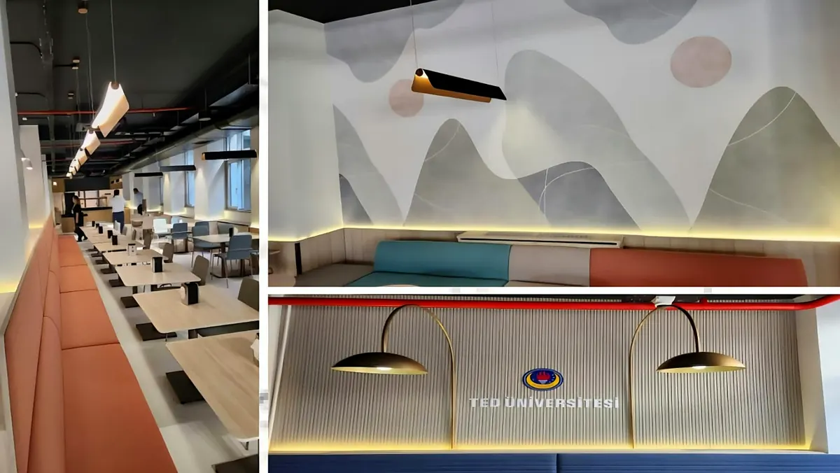 TED Üniversitesi yemekhanesi: uzun oturma bankları, duvar grafiği ve sarkıt aydınlatmalar